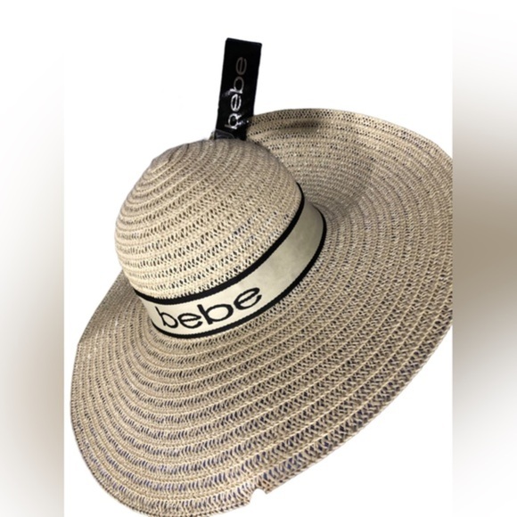 Bebe tan natural straw floppy summer Bebe tan monogram ribbon beach hat new - Picture 1 of 13